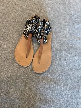 Maurice’s Women’s Tan Leather & Leopard Print Tie Sandals